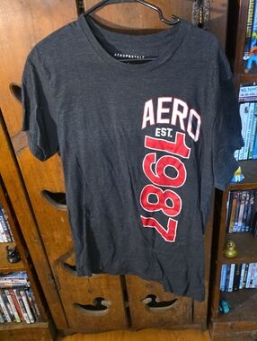 Aeropostale Dark Gray Tee with Red 'Aero 1987' Vertical Graphic